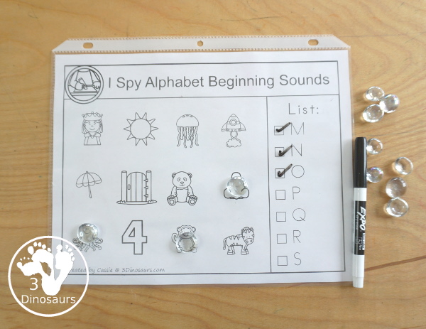 Free ABC Beginning Sounds I Spy Printable - with a list of letters on the side and a picture to find to match the letter. You have 6 or 7 letters on each page. - 3Dinosaurs.com