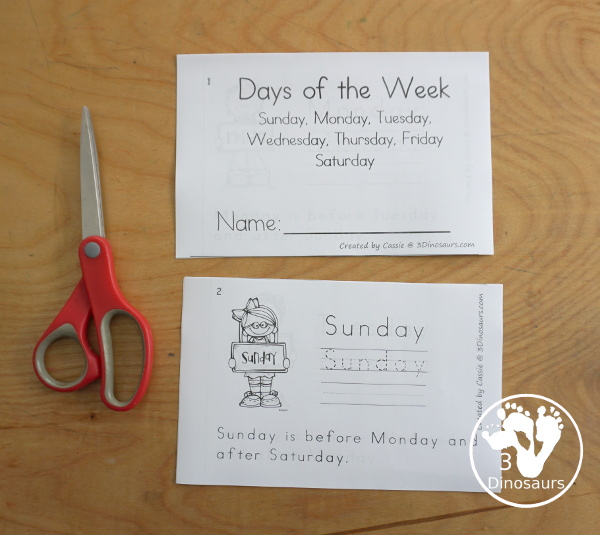 Free Day of the Week Easy Reader Book - a great 8 page book with a sentence to read about the day of the week with reading the words, tracing the word and writing the word. - 3Dinosaurs.com