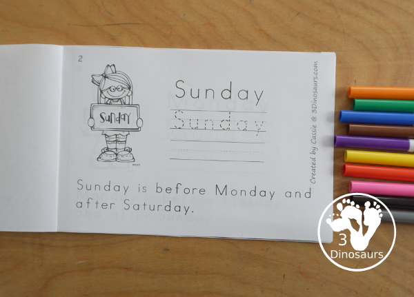 Free Day of the Week Easy Reader Book - a great 8 page book with a sentence to read about the day of the week with reading the words, tracing the word and writing the word. - 3Dinosaurs.com