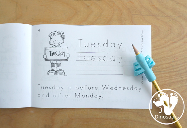 Free Day of the Week Easy Reader Book - a great 8 page book with a sentence to read about the day of the week with reading the words, tracing the word and writing the word. - 3Dinosaurs.com