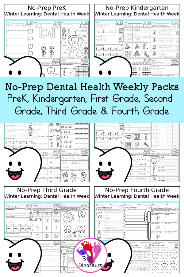 Dental Health No-Prep Weekly Packs PreK, Kindergarten, First Grade, Second Grade, Third Grade & Fourth Grade with 5 days of activities to do for each grade level - You will find a mix of math, learning to read, and more - These are easy to use packs for winter learning, homework, early finisher, sub plans, and morning work. Easy no-prep printables for kids with four pages for each day - 3Dinosaurs.com