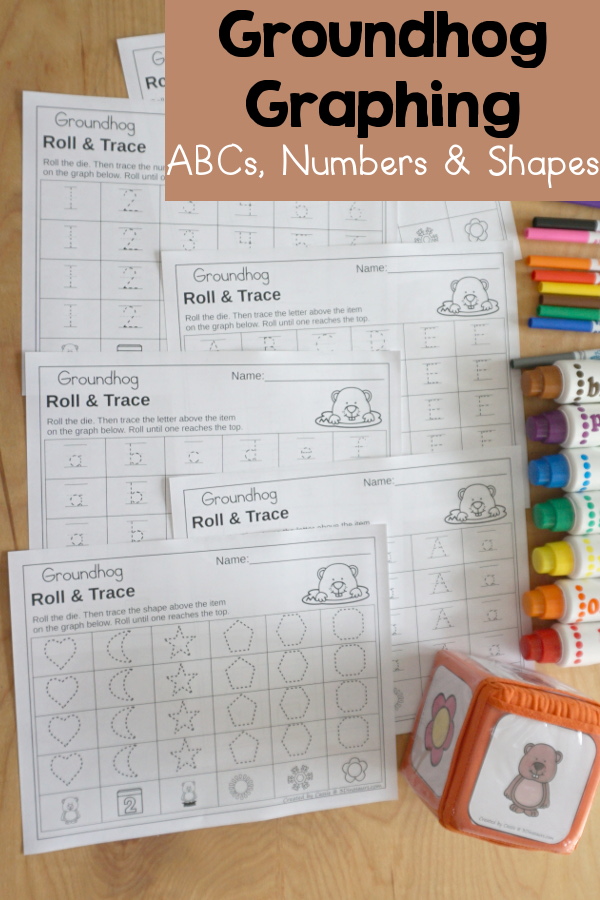 Groundhog Roll & Graph With Trace Letters, Numbers & Shapes with a folding die and cube die with a graphing sheet, graphing with tracing numbers, graphing with tracing letters and graphing with tracing shapes. All with a fun Groundhog theme for Groundhog Day for prek and kindergarten - 3Dinosaurs.com