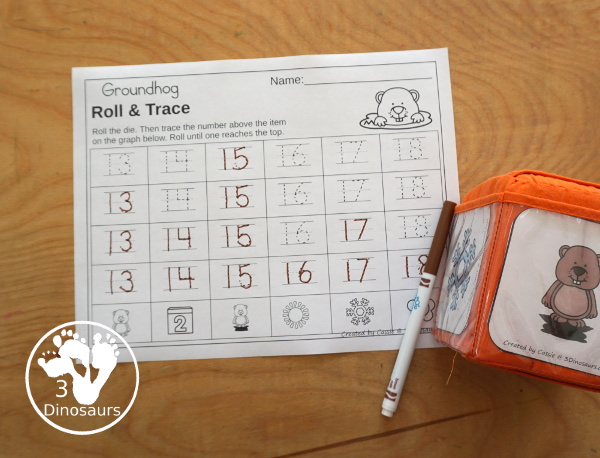 Groundhog Roll & Graph With Trace Letters, Numbers & Shapes with a folding die and cube die with a graphing sheet, graphing with tracing numbers, graphing with tracing letters and graphing with tracing shapes. All with a fun Groundhog theme for Groundhog Day for prek and kindergarten - 3Dinosaurs.com