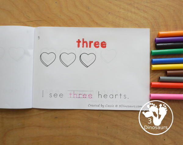 Free Heart Number Word Counting Book Printable - with numbers from - to 10 for tracing, coloring and counting hearts - 3Dinosaurs.com