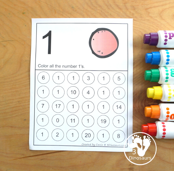 Free Number Find for 1 to 20 Numerical Numbers with 20 pages of free printable number worksheets for finding the numerical number - 3Dinosaurs.com