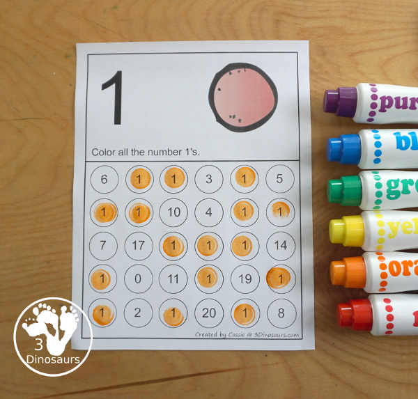 Free Number Find for 1 to 20 Numerical Numbers with 20 pages of free printable number worksheets for finding the numerical number - 3Dinosaurs.com