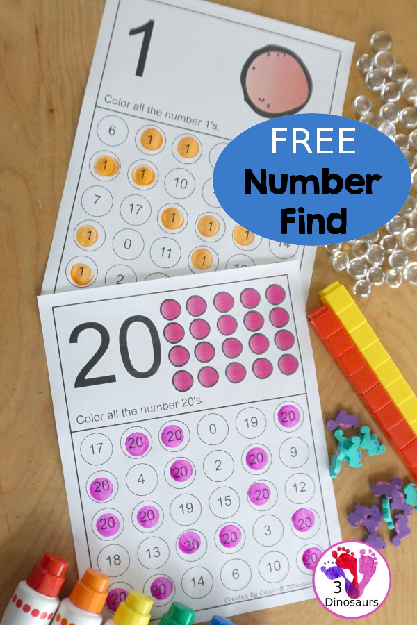 Free Number Find for 1 to 20 Numerical Numbers with 20 pages of free printable number worksheets for finding the numerical number - 3Dinosaurs.com