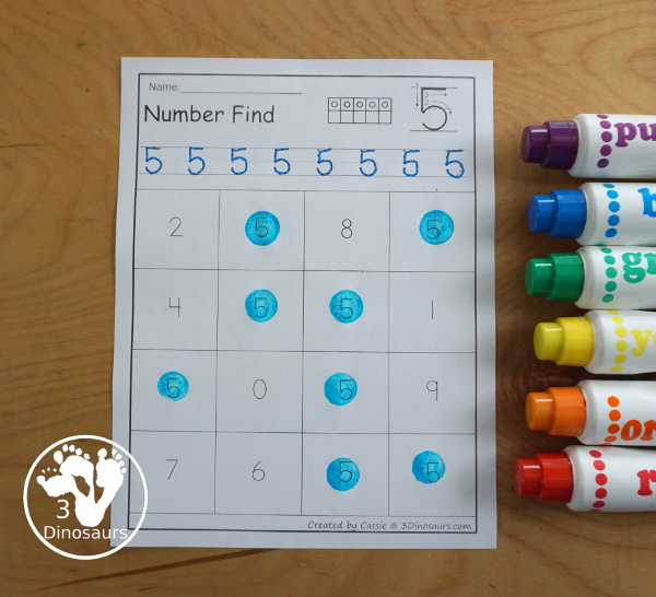 Number Find Printable - with numbers 0 to 20 with tracing and finding the number with numerical number and number word - 3Dinosaurs.com