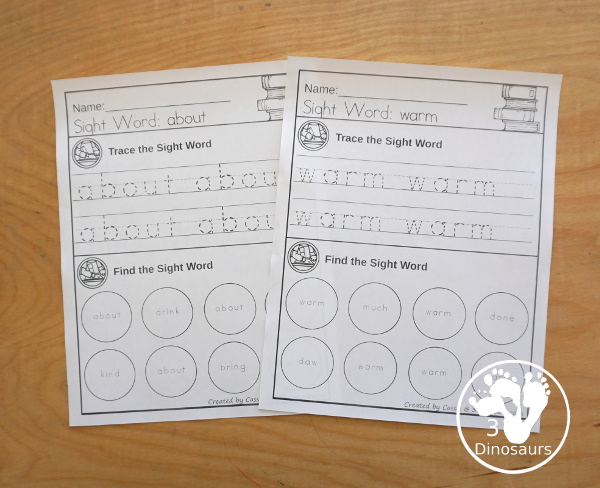 Sight Word Find & Trace Simple Third Grade Printable - All 41 Third Grade Sight Words - it has two lines of tracing the sight word and two lines of finding the sight words with simple and easy to use layout and not to much on the page to distract kids with examples of what they are doing for the sight word - 3Dinosaurs.com