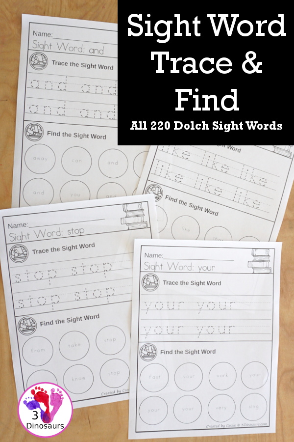 Sight Word Find & Trace Simple Printable - All 220 Dolch Sight Words - it has two lines of tracing the sight word and two lines of finding the sight words with simple and easy to use layout and not to much on the page to distract kids with examples of what they are doing for the sight word - 3Dinosaurs.com