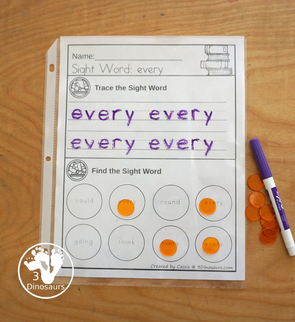 Sight Word Find & Trace Simple Printable - All 220 Dolch Sight Words - it has two lines of tracing the sight word and two lines of finding the sight words with simple and easy to use layout and not to much on the page to distract kids with examples of what they are doing for the sight word - 3Dinosaurs.com