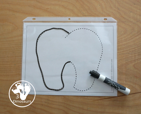 Free Tooth Fine Motor Dot Marker Printables -  with four pages of printables with a tooth template to color, a tooth to trace and a dot marker tooth, all great for dental health fine motor centers. -3Dinosaurs.com