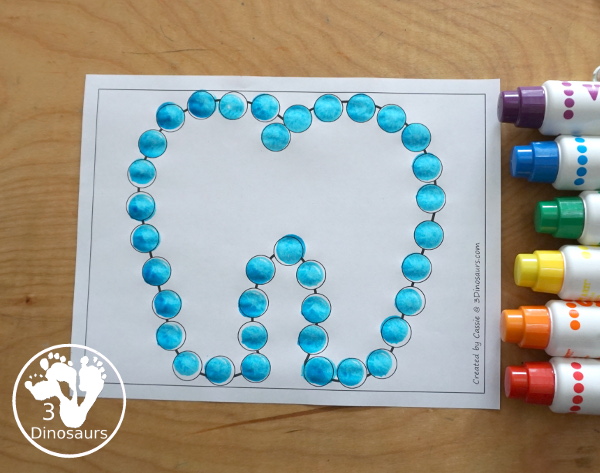 Free Tooth Fine Motor Dot Marker Printables -  with four pages of printables with a tooth template to color, a tooth to trace and a dot marker tooth, all great for dental health fine motor centers. -3Dinosaurs.com