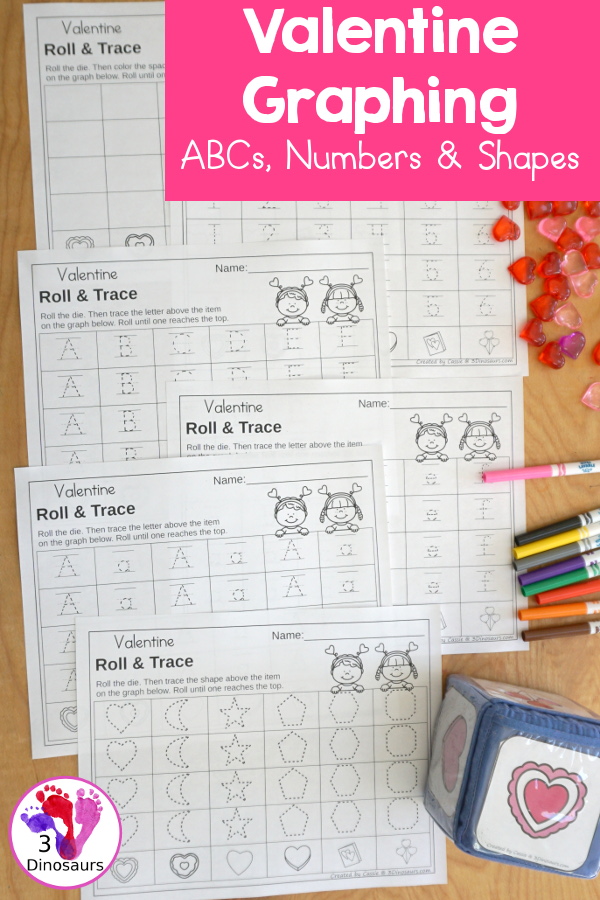 Valentine Roll & Graph With Trace Letters, Numbers & Shapes with a folding die and cube die with a graphing sheet, graphing with tracing numbers, graphing with tracing letters and graphing with tracing shapes. All with a fun heart theme for Valentine for prek and kindergarten - 3Dinosaurs.com