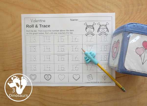 Valentine Roll & Graph With Trace Letters, Numbers & Shapes with a folding die and cube die with a graphing sheet, graphing with tracing numbers, graphing with tracing letters and graphing with tracing shapes. All with a fun heart theme for Valentine for prek and kindergarten - 3Dinosaurs.com