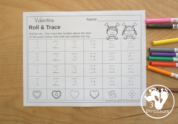 Valentine Roll & Graph With Trace Letters, Numbers & Shapes with a folding die and cube die with a graphing sheet, graphing with tracing numbers, graphing with tracing letters and graphing with tracing shapes. All with a fun heart theme for Valentine for prek and kindergarten - 3Dinosaurs.com