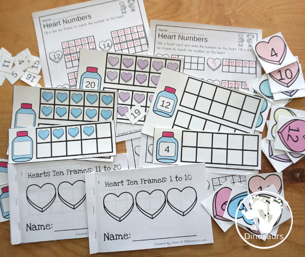 Valentine Ten Frame Printables for Prek and Kindergarten - with numbers 1 to 20 with heart ten frame cards, heart ten frame easy reader books, and heart ten frame worksheets - 3Dinosaurs.com