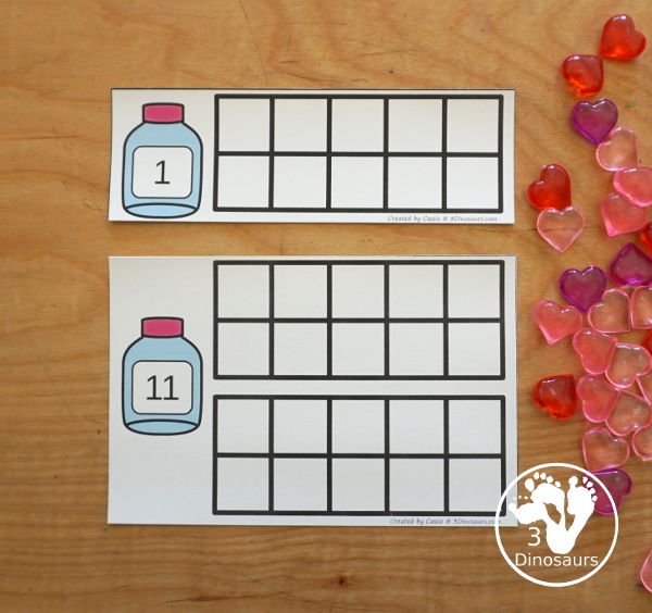 Valentine Ten Frame Printables for Prek and Kindergarten - with numbers 1 to 20 with heart ten frame cards, heart ten frame easy reader books, and heart ten frame worksheets - 3Dinosaurs.com