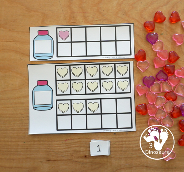 Valentine Ten Frame Printables for Prek and Kindergarten - with numbers 1 to 20 with heart ten frame cards, heart ten frame easy reader books, and heart ten frame worksheets - 3Dinosaurs.com
