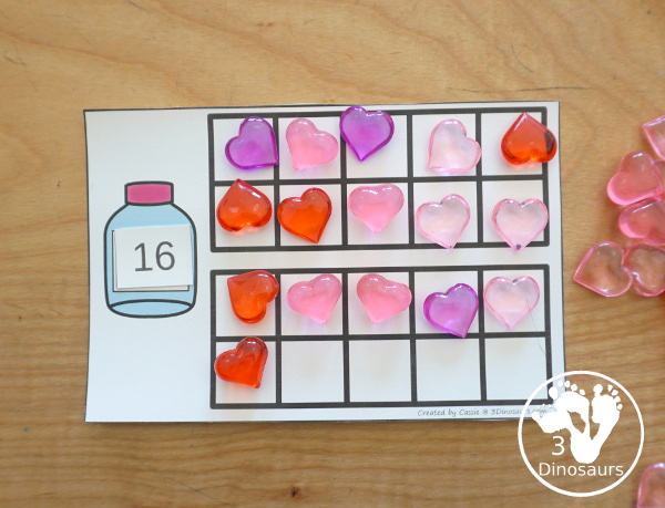 Valentine Ten Frame Printables for Prek and Kindergarten - with numbers 1 to 20 with heart ten frame cards, heart ten frame easy reader books, and heart ten frame worksheets - 3Dinosaurs.com