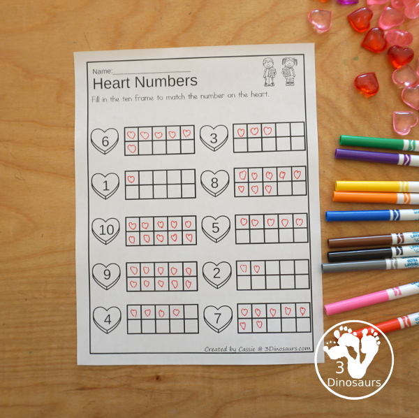 Valentine Ten Frame Printables for Prek and Kindergarten - with numbers 1 to 20 with heart ten frame cards, heart ten frame easy reader books, and heart ten frame worksheets - 3Dinosaurs.com