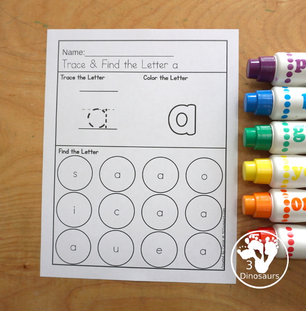 Free ABC Letter Find With Tracing & Coloring - you have all 26 letters of the alphabet with trace the letter, color the letter and then find the letter with uppercase only and lowercase only. A great letter worksheet for kindergarten. - 3Dinosaurs.com