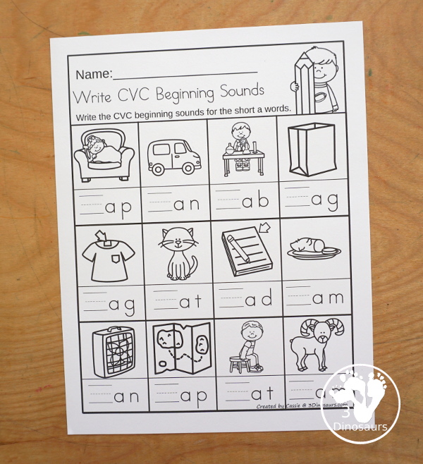 Free CVC Word Family Write the Beginning Sounds No-Prep Worksheet - 5 fun worksheets all working with CVC words with 5 pages by each vowel with 12 pictures for them to write matching beginning sounds - 3Dinosaurs.com #3dinosaurs #kindergarten #firstgrade #learingtoread #cvcwordfamily #freeprintable