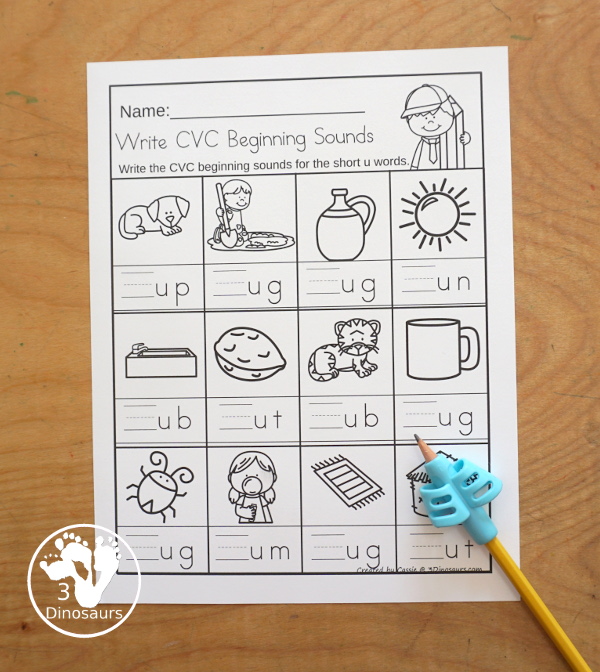 Free CVC Word Family Write the Beginning Sounds No-Prep Worksheet - 5 fun worksheets all working with CVC words with 5 pages by each vowel with 12 pictures for them to write matching beginning sounds - 3Dinosaurs.com #3dinosaurs #kindergarten #firstgrade #learingtoread #cvcwordfamily #freeprintable