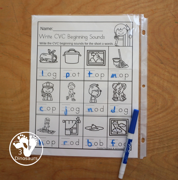 Free CVC Word Family Write the Beginning Sounds No-Prep Worksheet - 5 fun worksheets all working with CVC words with 5 pages by each vowel with 12 pictures for them to write matching beginning sounds - 3Dinosaurs.com #3dinosaurs #kindergarten #firstgrade #learingtoread #cvcwordfamily #freeprintable