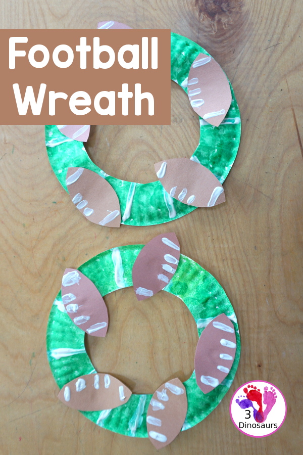 Football Wreath Craft For Kids - a fun wreath craft for a football theme. You have a green wreath with white lines and footballs around the wreath. Great for any football theme. - 3Dinosaurs.com