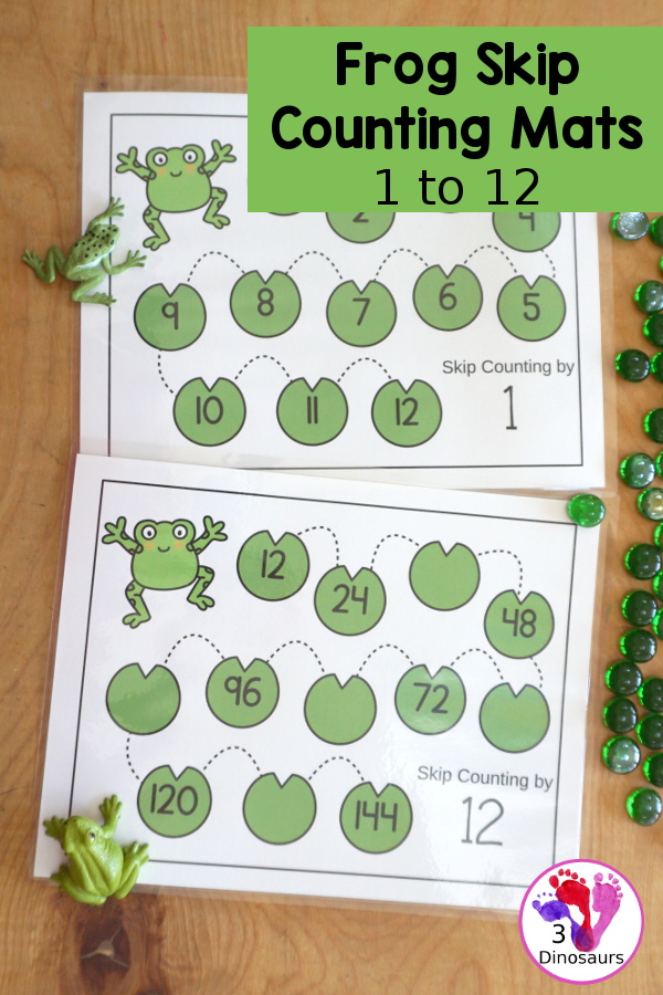 Free Frog Skip Counting Mat Printables - has two sets of skip counting mats with numbers 1 to 12. You skip count from lily pad to lily pad with fill out and missing skip counting. A great frog skip counting theme for kids - 3Dinosaurs.com