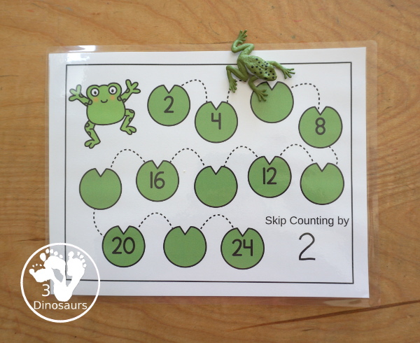 Free Frog Skip Counting Mat Printables - has two sets of skip counting mats with numbers 1 to 12. You skip count from lily pad to lily pad with fill out and missing skip counting. A great frogs skip counting theme for kids - 3Dinosaurs.com