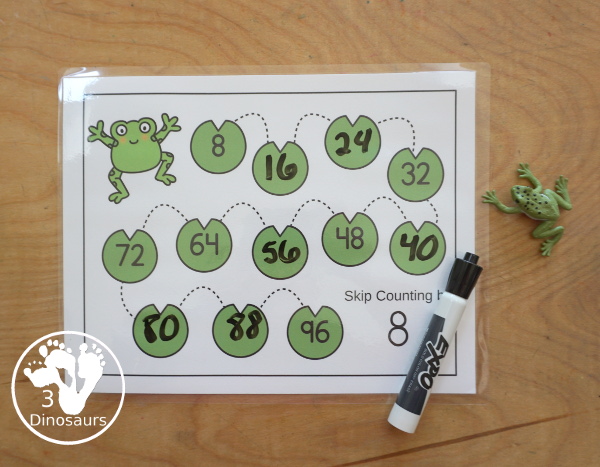 Free Frog Skip Counting Mat Printables - has two sets of skip counting mats with numbers 1 to 12. You skip count from lily pad to lily pad with fill out and missing skip counting. A great frogs skip counting theme for kids - 3Dinosaurs.com