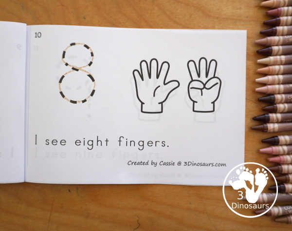 Free Hand Counting Book - 0 to 10 - a fun 12-page counting book with numbers 0 to 10 with counting fingers on each page. You have a number to trace and a simple sentence on each page to read. - 3Dinosaurs.com