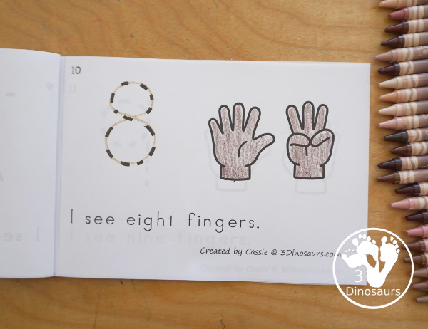 Free Hand Counting Book - 0 to 10 - a fun 12-page counting book with numbers 0 to 10 with counting fingers on each page. You have a number to trace and a simple sentence on each page to read. - 3Dinosaurs.com
