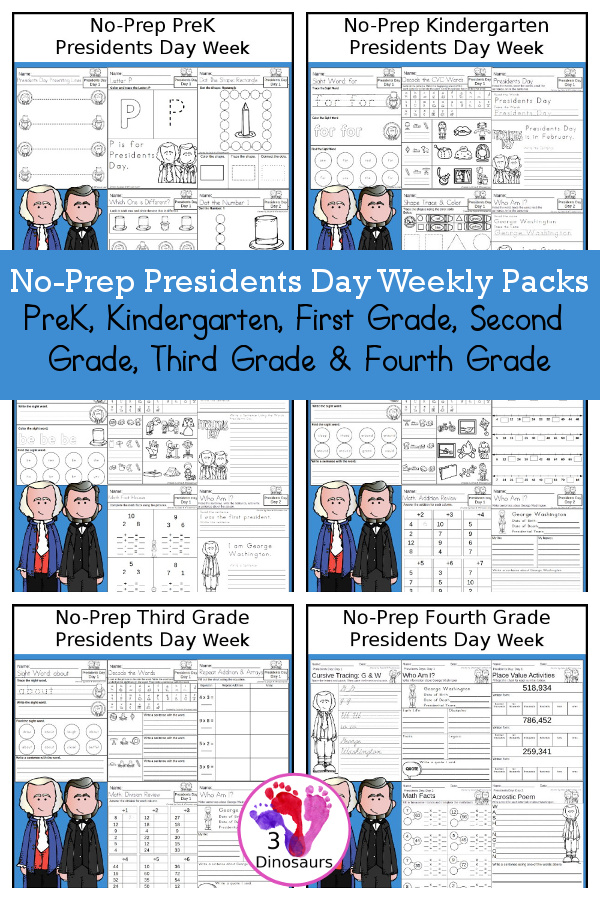 No-Prep Presidents Weekly Packs PreK, Kindergarten, First Grade, Second Grade, Third Grade & Fourth Grade with 5 days of activities to do for each grade level With George Washington and Abraham Lincoln - You will find a mix of math, language, and more - These are easy to use packs for homework and morning work. Easy no-prep printables for kids with four pages for each day - 3Dinosaurs.com
