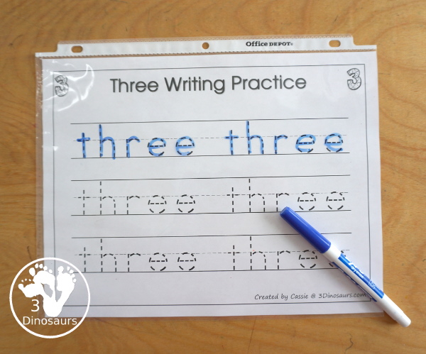 Free Romping and Roaring Number 3 Pack - with number 3 worksheets, number 3 puzzles, number 3 handwriting, number 3 dot marker worksheets and more for PreK and kindergarten age kids with a frog theme. - 3Dinosaurs.com