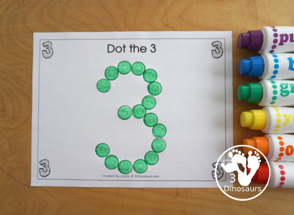 Free Romping and Roaring Number 3 Pack - with number 3 worksheets, number 3 puzzles, number 3 handwriting, number 3 dot marker worksheets and more for PreK and kindergarten age kids with a frog theme. - 3Dinosaurs.com