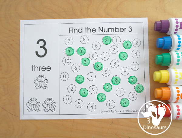 Free Romping and Roaring Number 3 Pack - with number 3 worksheets, number 3 puzzles, number 3 handwriting, number 3 dot marker worksheets and more for PreK and kindergarten age kids with a frog theme. - 3Dinosaurs.com