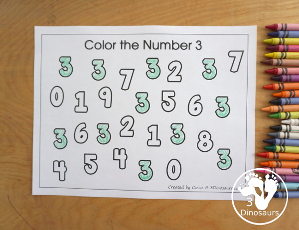 Free Romping and Roaring Number 3 Pack - with number 3 worksheets, number 3 puzzles, number 3 handwriting, number 3 dot marker worksheets and more for PreK and kindergarten age kids with a frog theme. - 3Dinosaurs.com