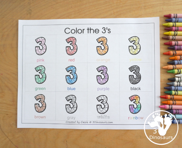 Free Romping and Roaring Number 3 Pack - with number 3 worksheets, number 3 puzzles, number 3 handwriting, number 3 dot marker worksheets and more for PreK and kindergarten age kids with a frog theme. - 3Dinosaurs.com
