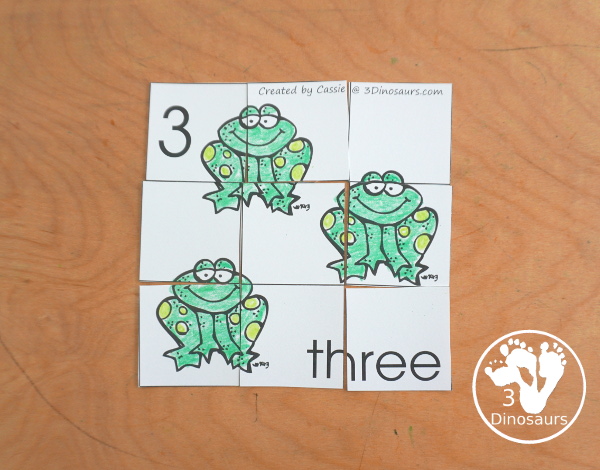 Free Romping and Roaring Number 3 Pack - with number 3 worksheets, number 3 puzzles, number 3 handwriting, number 3 dot marker worksheets and more for PreK and kindergarten age kids with a frog theme. - 3Dinosaurs.com
