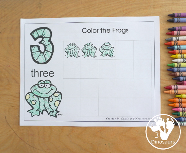Free Romping and Roaring Number 3 Pack - with number 3 worksheets, number 3 puzzles, number 3 handwriting, number 3 dot marker worksheets and more for PreK and kindergarten age kids with a frog theme. - 3Dinosaurs.com