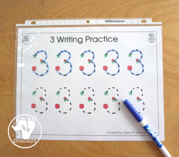 Free Romping and Roaring Number 3 Pack - with number 3 worksheets, number 3 puzzles, number 3 handwriting, number 3 dot marker worksheets and more for PreK and kindergarten age kids with a frog theme. - 3Dinosaurs.com