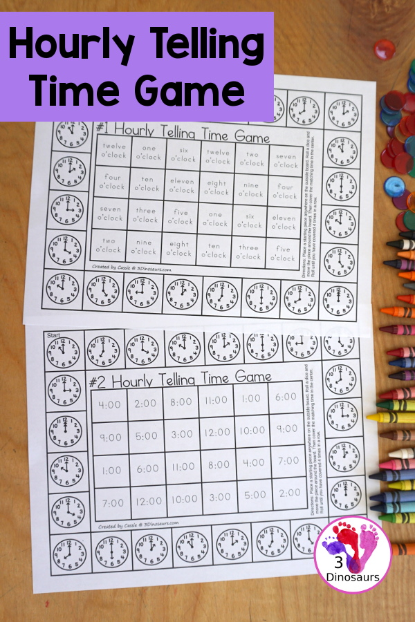 Free Hourly Telling Time Game Printables - two telling time games with analog clocks on the outside of the game and digital time and telling time words for the two game options with recording sheets - 3Dinosaurs.com