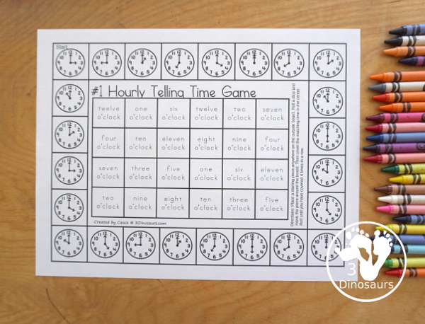 Free Hourly Telling Time Game Printables - two telling time games with analog clocks on the outside of the game and digital time and telling time words for the two game options with recording sheets - 3Dinosaurs.com