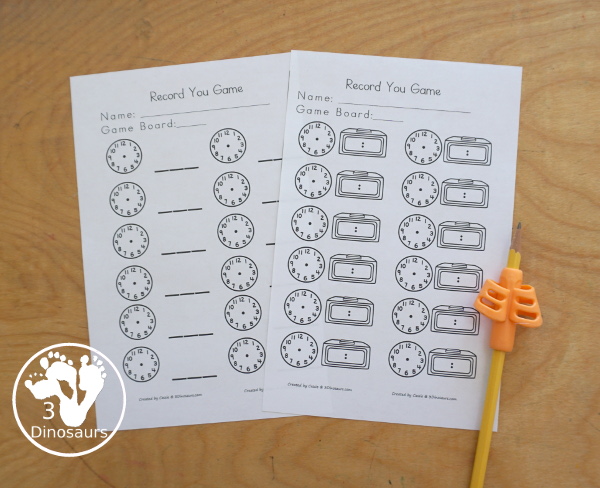 Free Hourly Telling Time Game Printables - two telling time games with analog clocks on the outside of the game and digital time and telling time words for the two game options with recording sheets - 3Dinosaurs.com