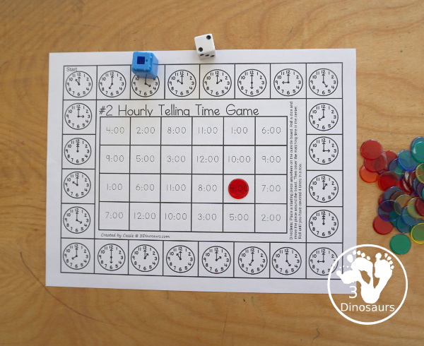 Free Hourly Telling Time Game Printables - two telling time games with analog clocks on the outside of the game and digital time and telling time words for the two game options with recording sheets - 3Dinosaurs.com