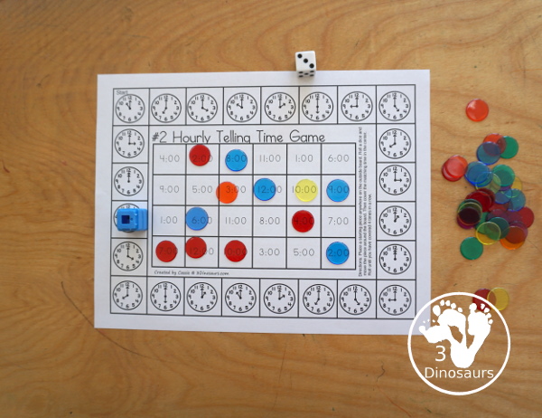 Free Hourly Telling Time Game Printables - two telling time games with analog clocks on the outside of the game and digital time and telling time words for the two game options with recording sheets - 3Dinosaurs.com
