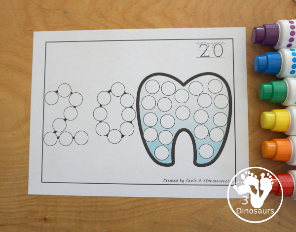 Tooth Dot the Number & Counting: dot marker number on each page with matching dots on the tooth - Numbers 1 to 20 - 3Dinosaurs.com